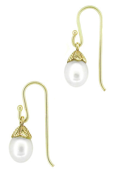 Victorian Engraved Leaves Pearl Drop Earrings in 14 Karat Yellow Gold - Item: E134 - Image: 2