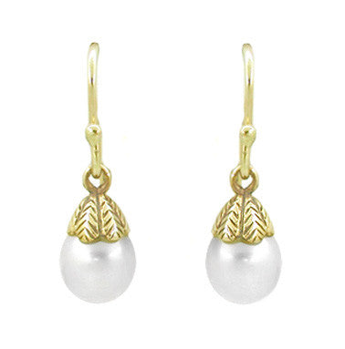 Victorian Engraved Leaves Pearl Drop Earrings in 14 Karat Yellow