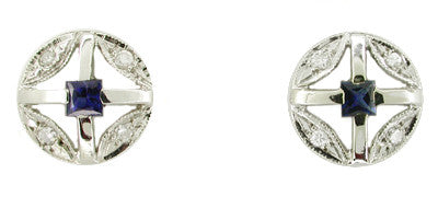 Art Deco Square Sapphire and Diamond Earrings in 14 Karat White Gold