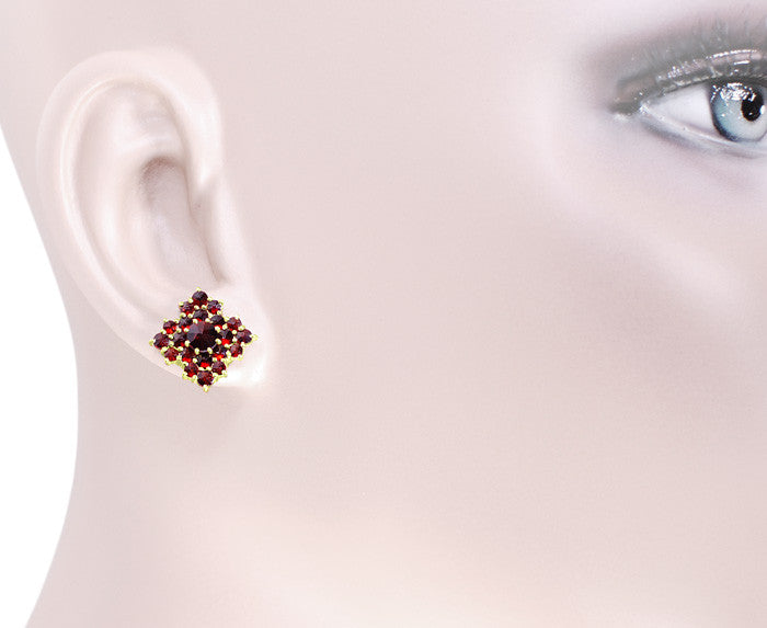 Victorian Bohemian Garnet Galaxy Square Stud Earrings in 14 Karat Yellow Gold and Sterling Silver Vermeil - Item: E143S - Image: 3
