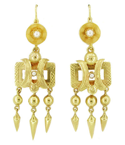 Victorian Engraved Dangle Pearl Earrings in 15 Karat Yellow Gold