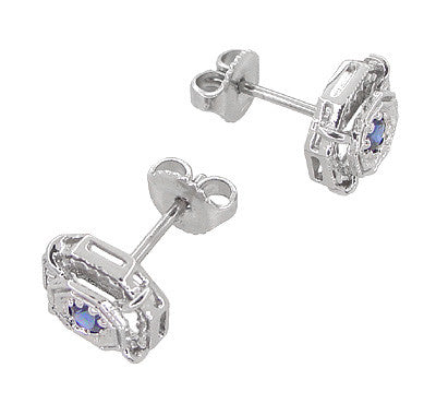 Art Deco Sapphire Stud Earrings in Platinum - Item: E152P - Image: 2