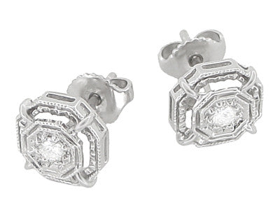 Art Deco Diamond Stud Earrings in 18 Karat White Gold - Item: E153 - Image: 2