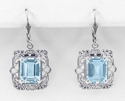 Art Deco Filigree Blue Topaz Drop Earrings in Sterling Silver - Item: E154 - Image: 2