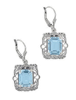 Art Deco Filigree Blue Topaz Drop Earrings in Sterling Silver