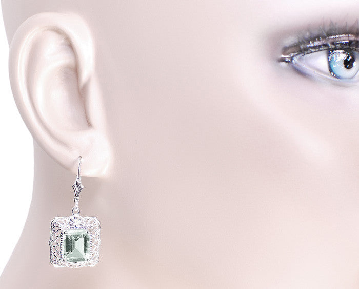 Art Deco Filigree Prasiolite Green Amethyst Drop Earrings in Sterling Silver - Item: E154GA - Image: 3