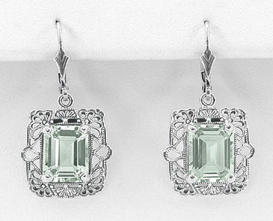Art Deco Filigree Prasiolite Green Amethyst Drop Earrings in Sterling Silver - alternate view