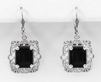 Art Deco Filigree Black Onyx Antique Style Earrings in Sterling Silver - Item: E154ON - Image: 2