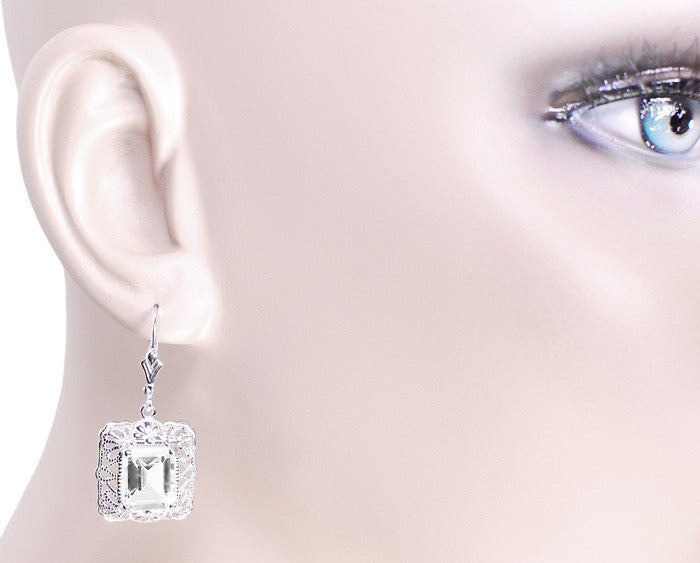 Art Deco Filigree White Topaz Drop Earrings in Sterling Silver - Item: E154WT - Image: 3