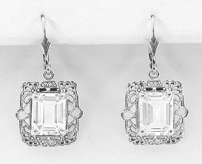 Art Deco Filigree White Topaz Drop Earrings in Sterling Silver - Item: E154WT - Image: 2