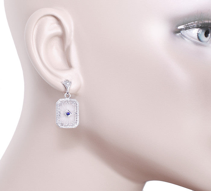 Art Deco Filigree Blue Sapphire and Diamond Crystal Earrings in Sterling Silver - Item: E155 - Image: 3