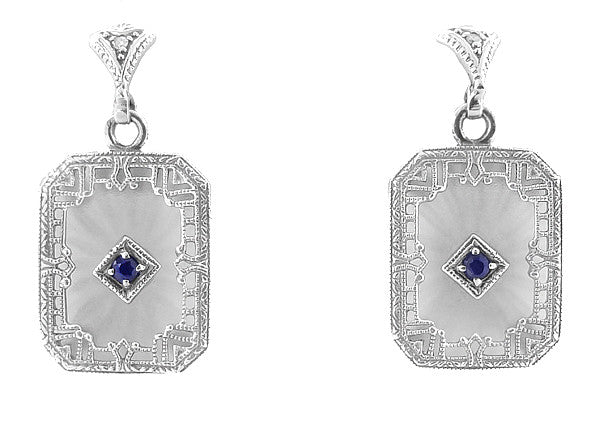 Art Deco Filigree Blue Sapphire and Diamond Crystal Earrings in Sterling Silver - Item: E155 - Image: 2