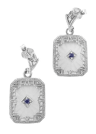 Art Deco Filigree Blue Sapphire and Diamond Crystal Earrings in Sterling Silver