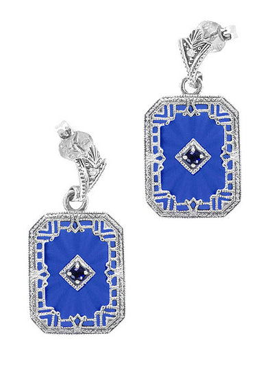 Art Deco Filigree Royal Blue Sun Ray Crystal and Sapphire Earrings with Diamond in Sterling Silver - alternate view