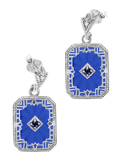 Art Deco Filigree Royal Blue Sun Ray Crystal and Sapphire Earrings with Diamond in Sterling Silver - Item: E155DB - Image: 2