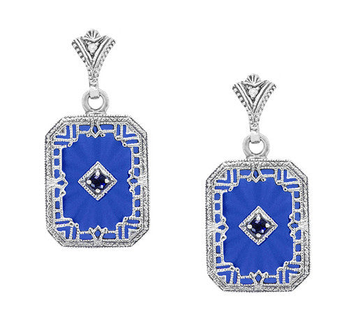 Art Deco Filigree Royal Blue Sun Ray Crystal and Sapphire Earrings with Diamond in Sterling Silver