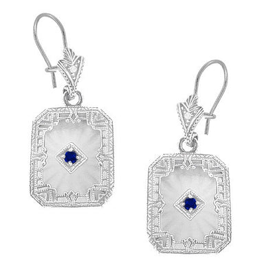 Art Deco Filigree Sapphire, Diamond and Sun Ray Crystal Dangling Earrings in Sterling Silver - alternate view