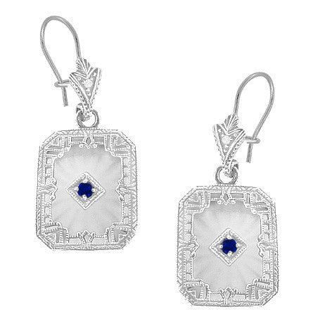 Art Deco Filigree Sapphire, Diamond and Sun Ray Crystal Dangling Earrings in Sterling Silver - Item: E155np - Image: 2