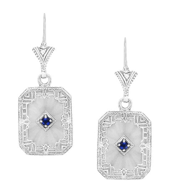 Art Deco Filigree Sapphire, Diamond and Sun Ray Crystal Dangling Earrings in Sterling Silver