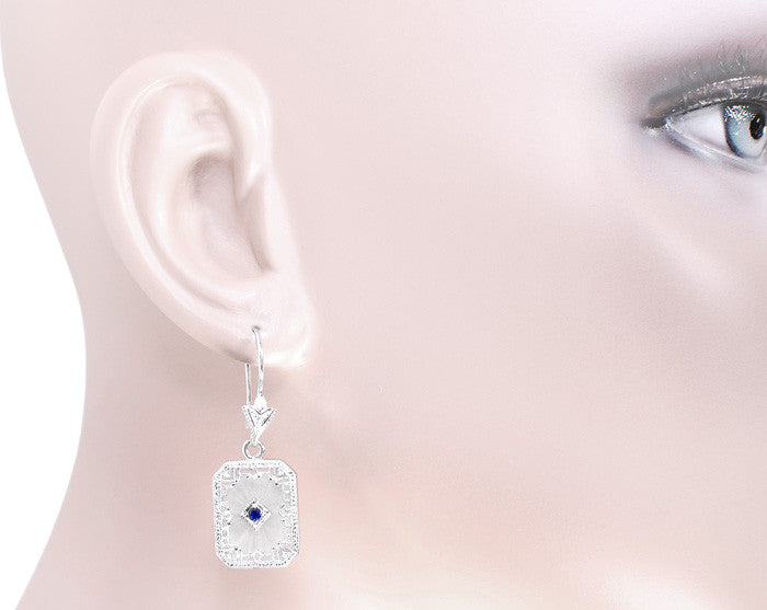 Art Deco Filigree Sapphire and Diamond Set Crystal Earrings in 14 Karat White Gold - Item: E155WG - Image: 3