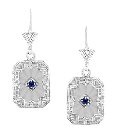 Art Deco Filigree Sapphire and Diamond Set Crystal Earrings in 14 Karat White Gold