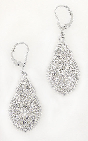 Art Deco Filigree Teardrop Diamond Earrings in 14 Karat White Gold - alternate view