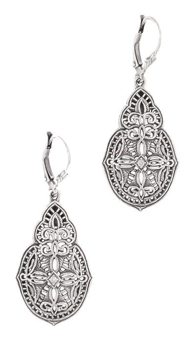 Art Deco Diamond Filigree Teardrop Dangling Earrings in Sterling Silver - alternate view