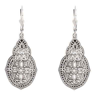 Art Deco Diamond Filigree Teardrop Dangling Earrings in Sterling Silver