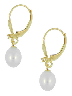 Art Deco Fleur De Lis Diamond and Pearl Drop Earrings in 14 Karat Gold - Item: E161 - Image: 2