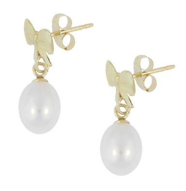 Mid-Century Bows and Pearls Drop Earrings in 14 Karat Yellow Gold - alternate view