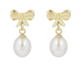 Mid-Century Bows and Pearls Drop Earrings in 14 Karat Yellow Gold