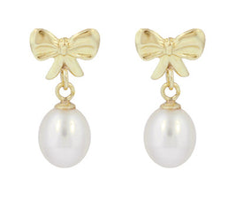 Mid-Century Bows and Pearls Drop Earrings in 14 Karat Yellow Gold