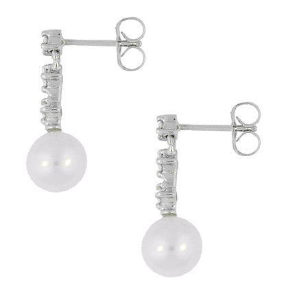 Mid-Century Straightline Diamond Pearl Drop Earrings in 14 Karat White Gold - Item: E163 - Image: 2