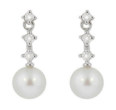 Mid-Century Straightline Diamond Pearl Drop Earrings in 14 Karat White Gold
