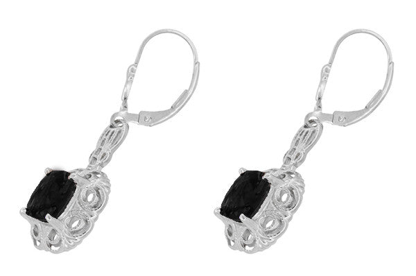 Filigree Cushion Cut Black Onyx Art Deco Drop Earrings in Sterling Silver - Item: E166on - Image: 2