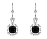 Filigree Cushion Cut Black Onyx Art Deco Drop Earrings in Sterling Silver