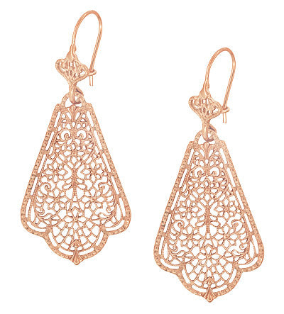 Edwardian Scalloped Leaf Dangling Sterling Silver Filigree Earrings with Rose Gold Vermeil - Item: E169R - Image: 3