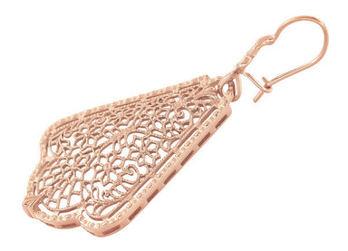 Edwardian Scalloped Leaf Dangling Sterling Silver Filigree Earrings with Rose Gold Vermeil - alternate view