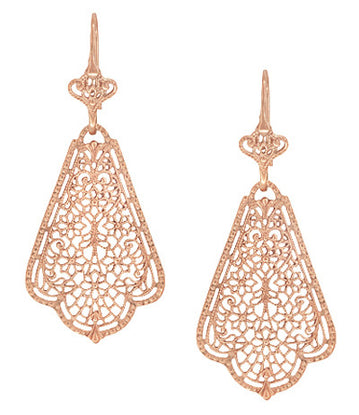 Edwardian Scalloped Leaf Dangling Sterling Silver Filigree Earrings with Rose Gold Vermeil