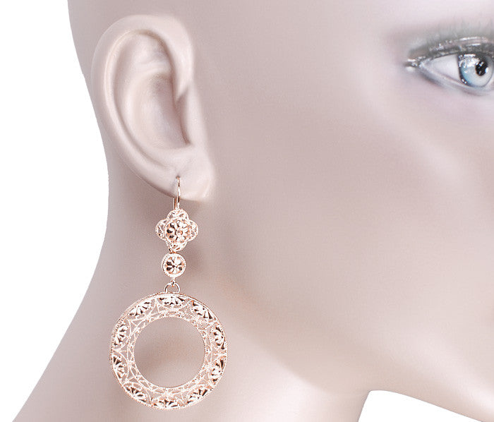 Art Deco Circle of Love Drop Dangle Filigree Earrings - Rose Gold Vermeil Over Sterling Silver - Item: E170R - Image: 3