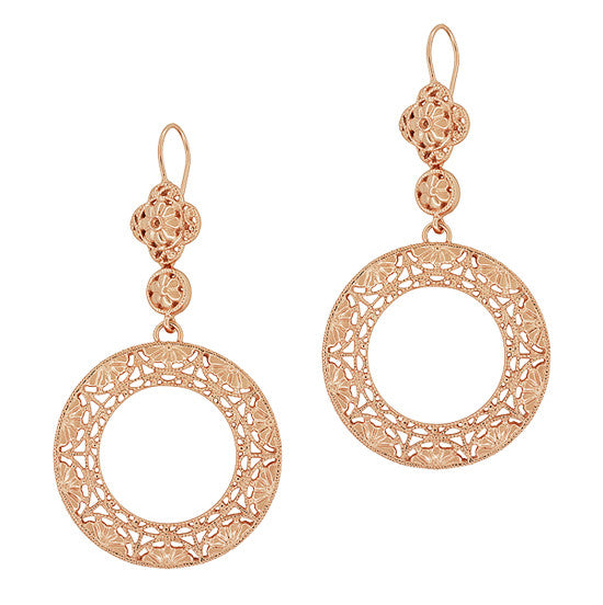 Art Deco Circle of Love Drop Dangle Filigree Earrings - Rose Gold Vermeil Over Sterling Silver - Item: E170R - Image: 2