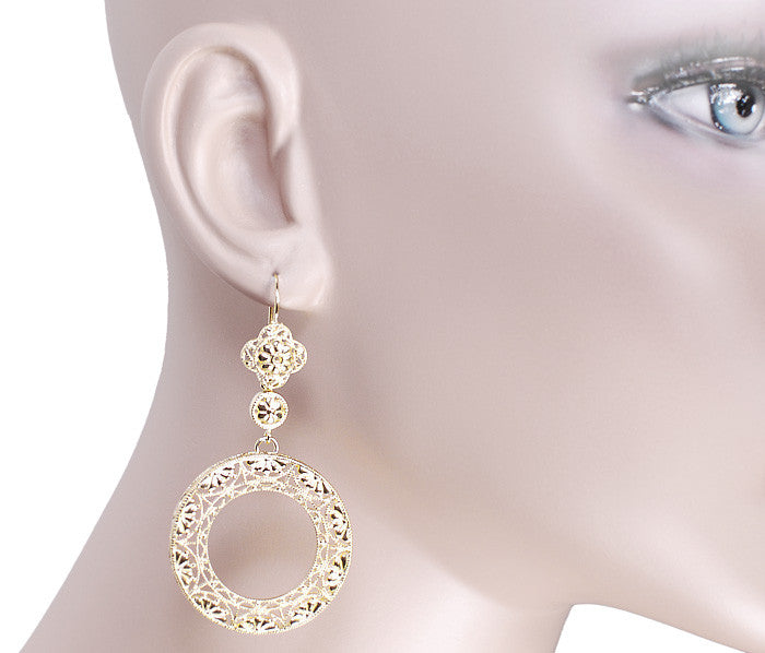 Art Deco Circle of Love Sterling Silver Drop Dangle Filigree Earrings with Yellow Gold Vermeil - Item: E170Y - Image: 3