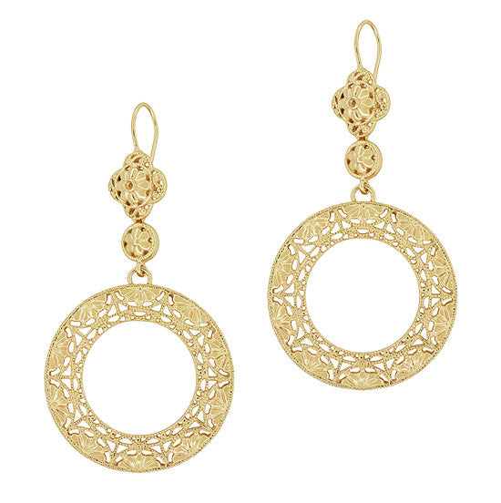 Art Deco Circle of Love Sterling Silver Drop Dangle Filigree Earrings with Yellow Gold Vermeil - Item: E170Y - Image: 2
