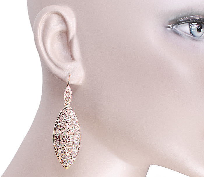 Art Deco Rose Gold Vermeil Dangling Leaf Sterling Silver Filigree Diamond Earrings - Item: E171RD - Image: 3