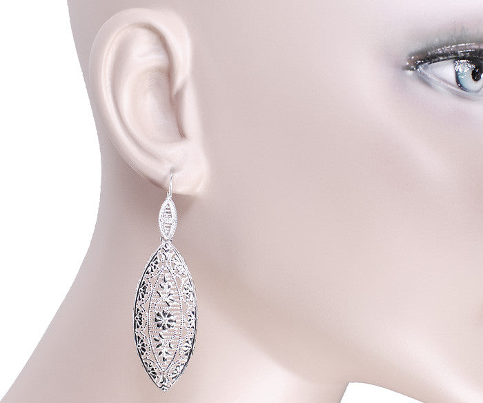 Sterling Silver Art Deco Dangling Leaf Filigree Diamond Earrings - Item: E171WD - Image: 3