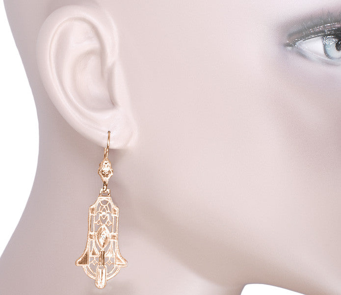 Geometric Dangling Art Deco Rose Gold Vermeil Sterling Silver Filigree Diamond Earrings - Item: E173RD - Image: 4