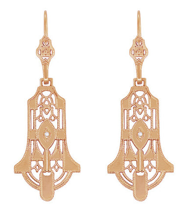 Geometric Dangling Art Deco Rose Gold Vermeil Sterling Silver Filigree Diamond Earrings