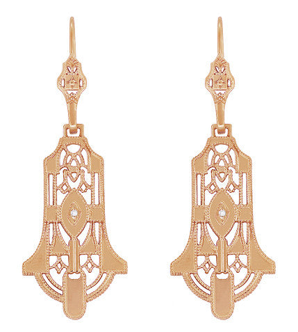 Geometric Dangling Art Deco Rose Gold Vermeil Sterling Silver Filigree Diamond Earrings