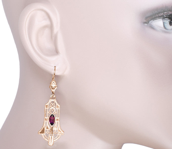 Art Deco Geometric Rhodolite Garnet Dangling Rose Gold Vermeil Filigree Earrings in Sterling Silver - Item: E173RRG - Image: 3