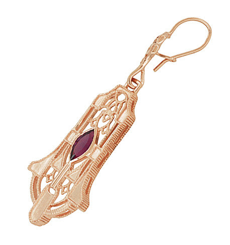 Art Deco Geometric Rhodolite Garnet Dangling Rose Gold Vermeil Filigree Earrings in Sterling Silver - Item: E173RRG - Image: 2